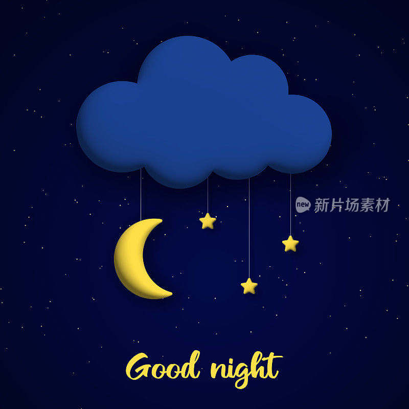 Cute good night background with 3d cloud, moon and stars.